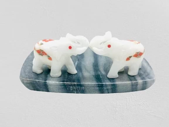 White Marble Elephant Pair with Gemstone Inlay Art Work Showpiece for Home and Office Decor Beautifully Craved