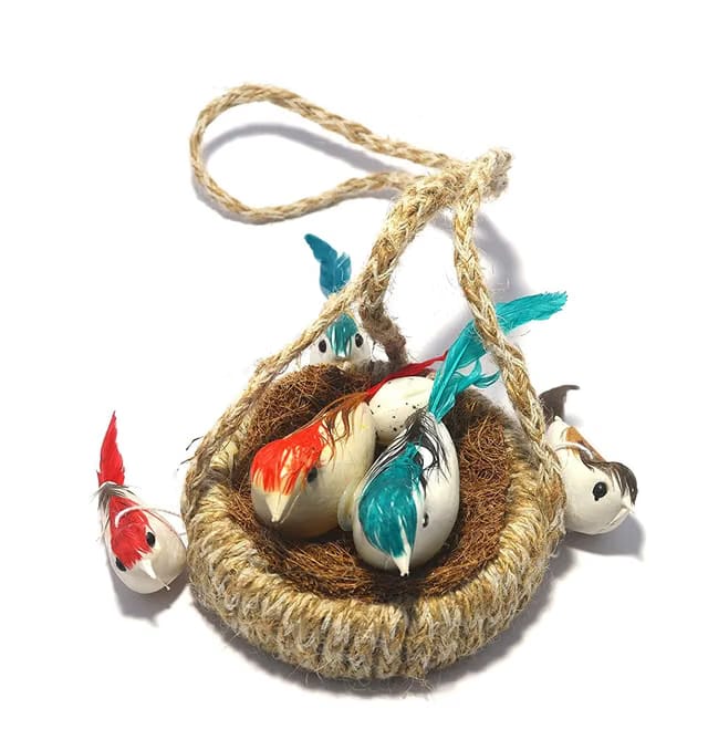 GIRLYZ Attire Handmade Artificial Jute Hanging Birds with Hanging Nest Jhumar Showpiece Chidiyan Ka Ghosla for Home