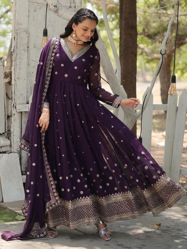 Embroidered V-Neck Anarkali Fit & Flare Ethnic Dress With Dupatta