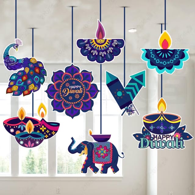 Diwali Decorations Ceiling Hanging, Traditional Festive Mandala Design, Colourful Diya and Elephant Cutouts