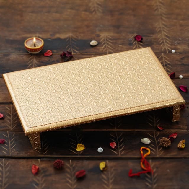 Wooden Brass Fitted Golden Rajwadi Chowki/Patla/Pooja Chowki for Home and Puja Decor- 12X 9 inches(Size-1)