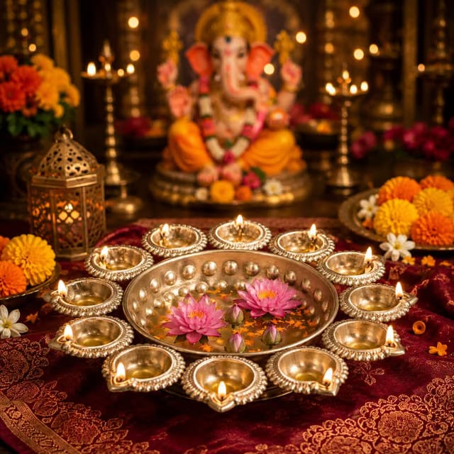 Tied Ribbons Urli Bowl with 12 Attached Oil Diyas for (Metal 29 Cm X 5 Cm)