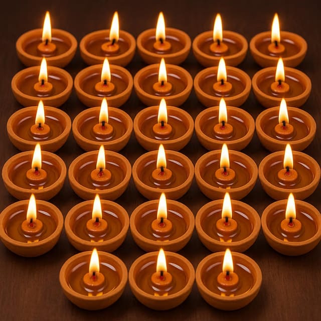 Earthen Clay Diya 30 Pcs with Wick Holders & Cotton Batti
