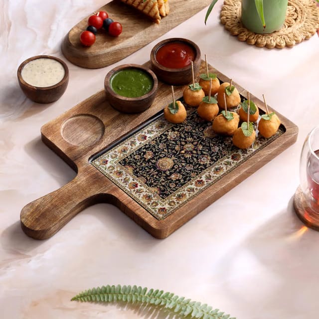 Handcrafted Mango Wood Serving Platter with 3 Dip Bowls