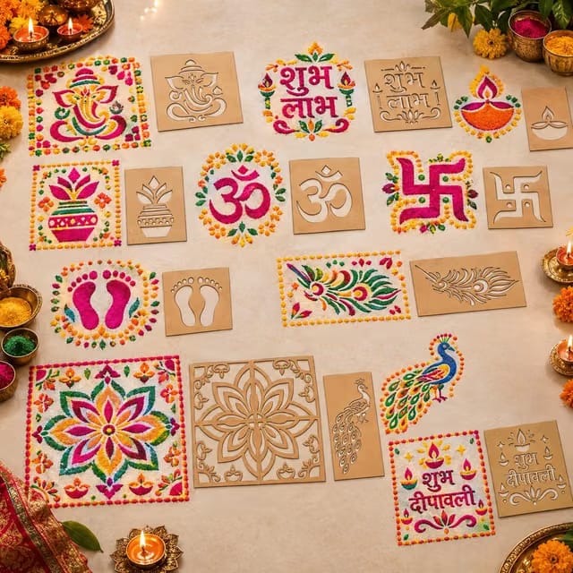 Rangoli MDF Stencil for Diwali Floor Decoration, 2.5mm, 14 Unique Designs