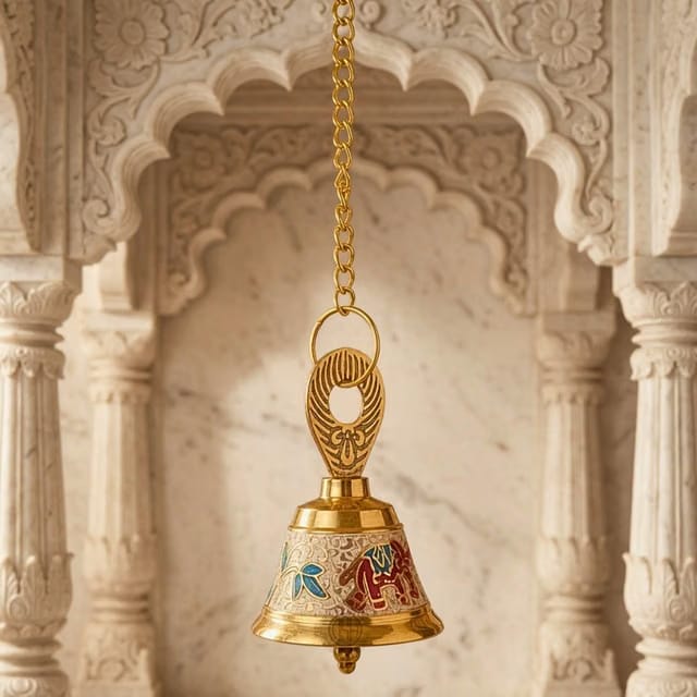 DSH Pure Brass Hanging Bell with Chain for Temple Mandir Door Home Decorative Ringing Bell (White, 1)