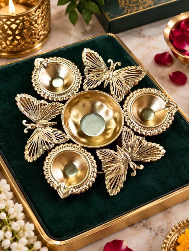 Butterfly Design Metal Diya Urli Set for Home Decor