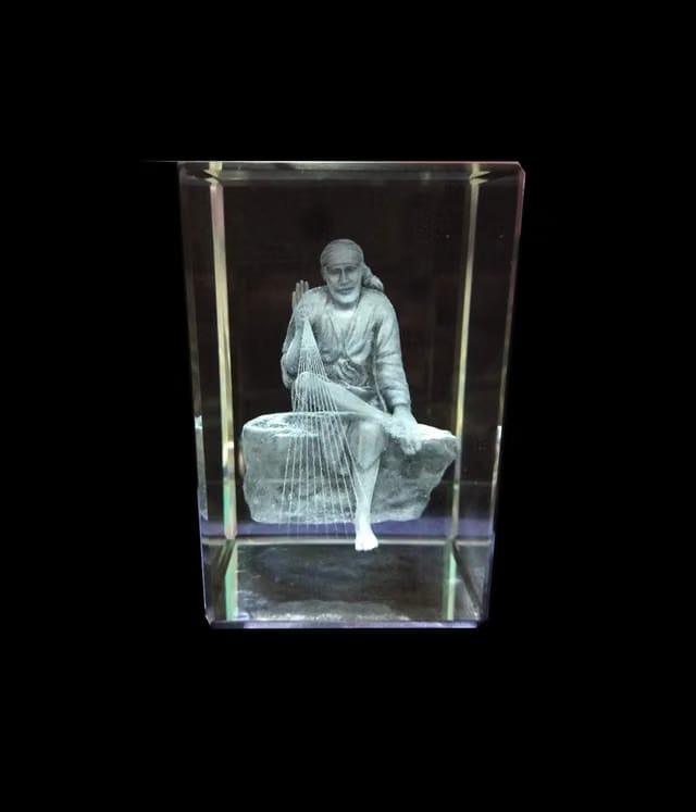 3D Crystal Sai Baba Idol Slick Design Statue Murti- Transparent, 7.5x5x5 cm