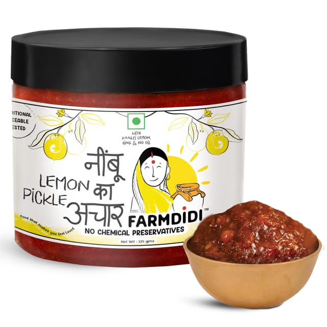 FarmDidi Crushed Lemon Pickle 325 g In Fresh Homemade Oil-Free Nimbu Ka Achar With No Onion Or Garlic Traditional Lemon