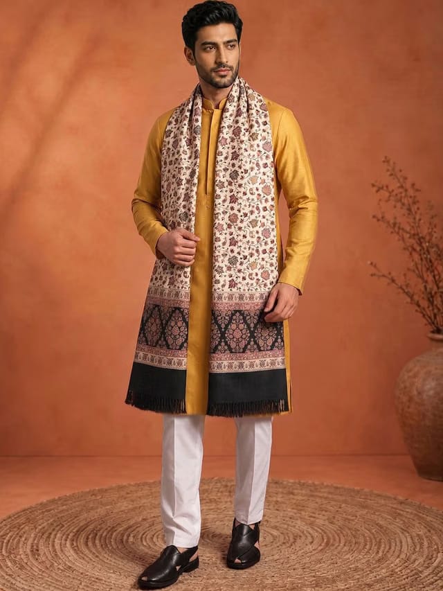Sangria Men Ethnic Floral Woven Design Winter Kashmiri Pashmina Shawl