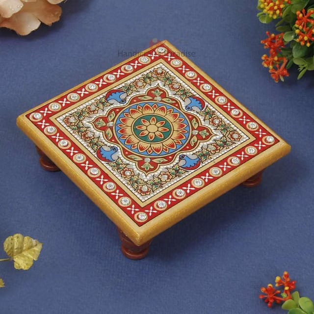 4 x 4 Inch Marble Pooja Chowki with Royal Floral Design Kundan Stone Work Decorative Bajot for Mandir Return Gift &
