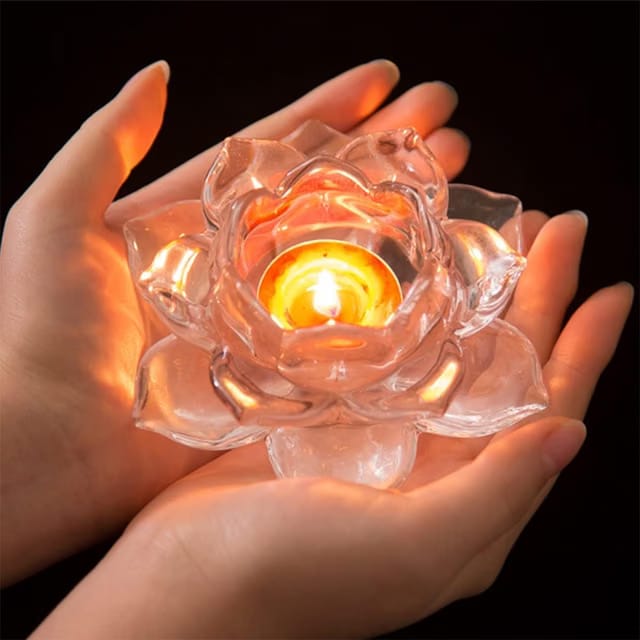WQR Glass Lotus Flower Tea Light Candle Holder, Clear Glass, Perfect for Lighting Decoration, Corporate Gifts