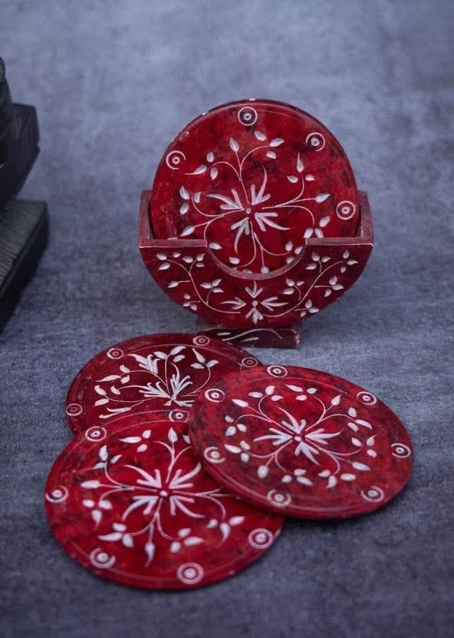 Handcrafted Red Marble Stone Coaster Set with Holder