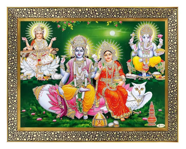 Vishnu and laxmi/lakshmi/mahalaxmi with ganesh saraswati Photo Frame with Unbreakable Glass for Wall