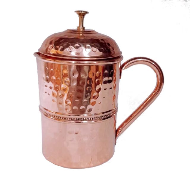 Ornate International Pure Copper Hammer jug with lid 900 ml Water/Tea Drink Mug Copper Pitcher for Ayurveda Health