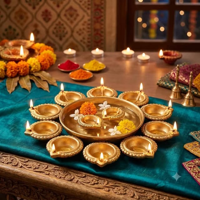 Brass Finish Urli Bowl with 10 Oil Diyas