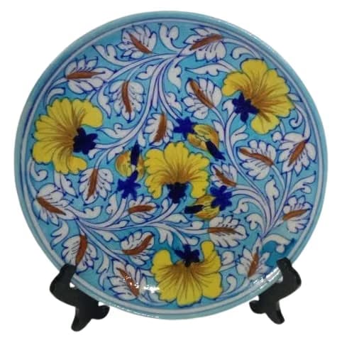 Jaipur Blue Pottery LilyFlower Design Home Decor Wall Hanging Handmade Plate/Serving Plate 8 inch (Turquoise)