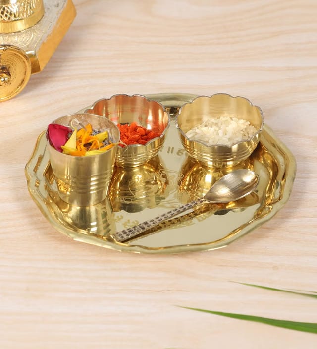 Two Moustaches 5 Inches Brass Pooja Thali Set, Brass Thali Set for Bhog, Set of 1 Thali, 2 Katori, 1 Glass and 1 Spoon
