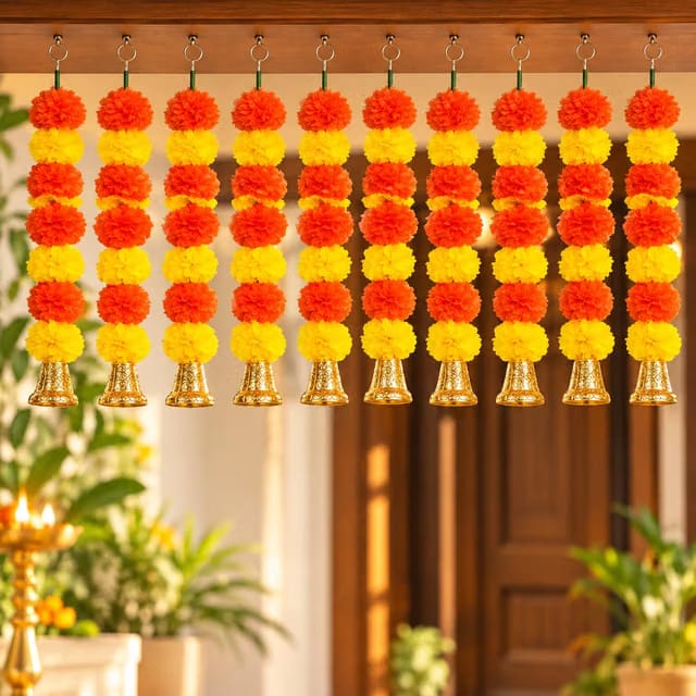eCraftIndia Artificial Marigold Flower Garland with Golden Bells - Artificial Flowers Wall/Door Hanging (10