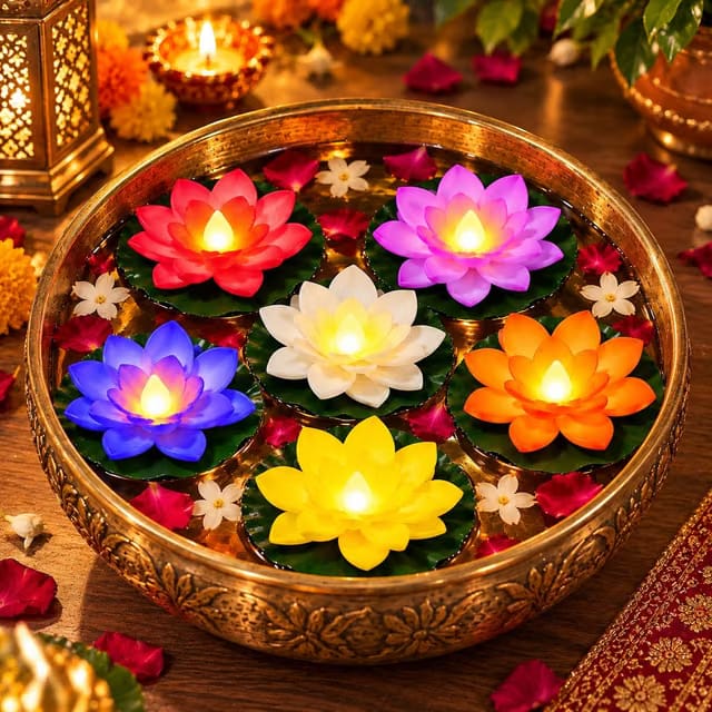 VERVENIX Set of 6 Floating Lotus LED Candles with Water Sensor – Multicolor