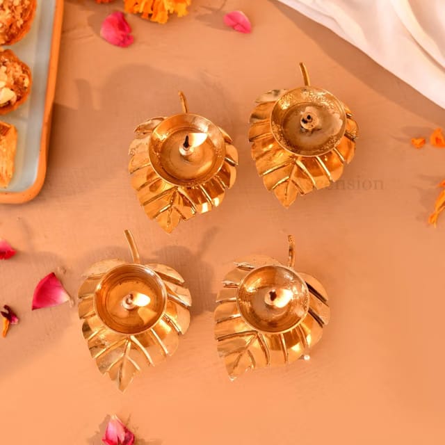 Ascension Handcrafted Pack of 4 Metal Diya Decorative Leaf Shaped Lamp for Pooja Room aarti Temple mandir Diwali