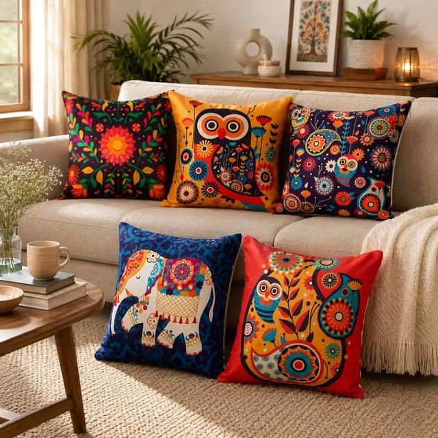 Umi Decorative Satin Sofa Cushion Covers Set of 5, 16 inch x 16 inch, Sofa Pillow Cover, Yellow, Blue and Multicolour