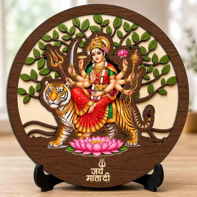 Durga Maa Table Top Wooden Idol/Murti for Mandir Decoration, Office Desk & Festive Gift - 5x5 Inch