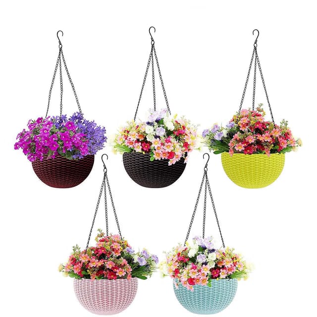 Plastic Hanging Planters with Chain Set of 5 – UV-Stabilized, BPA-Free for Balcony, Garden, Indoor & Outdoor Décor