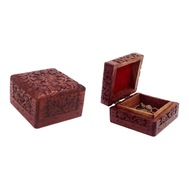 Handcrafted Wooden Jewellery Box with Floral Carving, Red Velvet