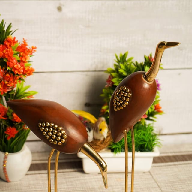 Naayaab Craft Wooden and Brass Saras,Wooden Antique Decorative Saras Swan Crane Love Birds Fantasy Showpiece for Home