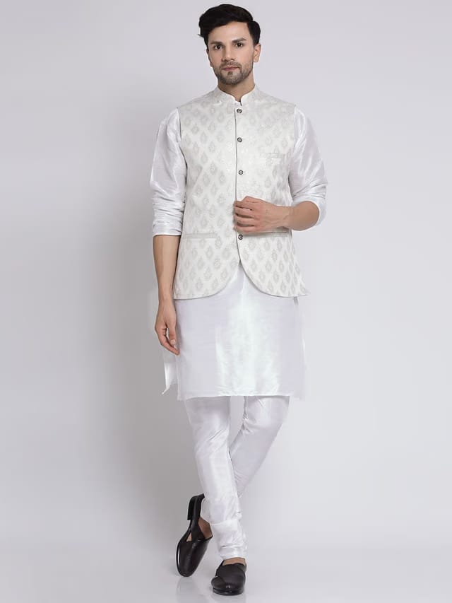 Mandarin Collar Dupion Silk Kurta With Churidar & Nehru Jacket