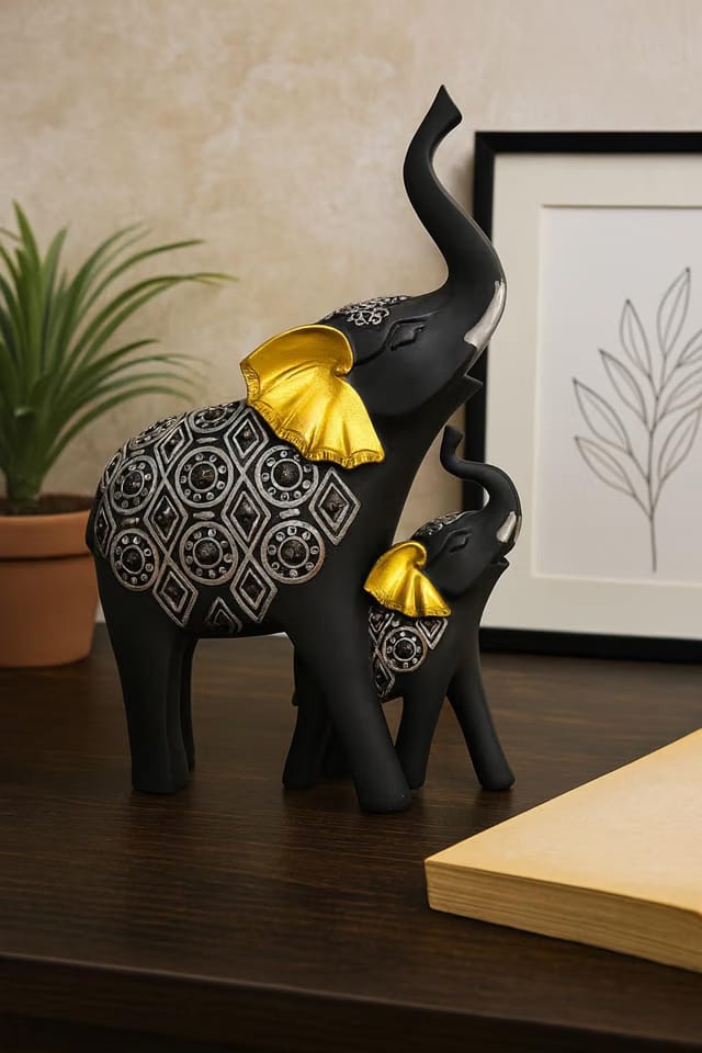 JAIPUR ACE Black Elephant Figurines Showpiece with Silver Carving & Golden Ears