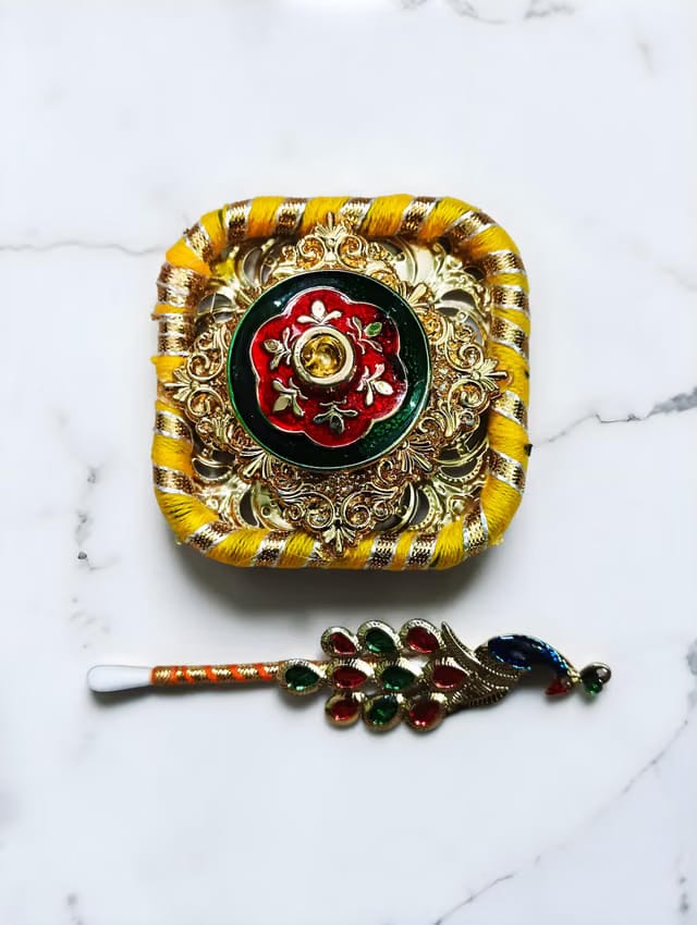 Premium Decorative Sindoor Dani, Traditional Golden Kumkum Roli Box with Yellow Fabric Base
