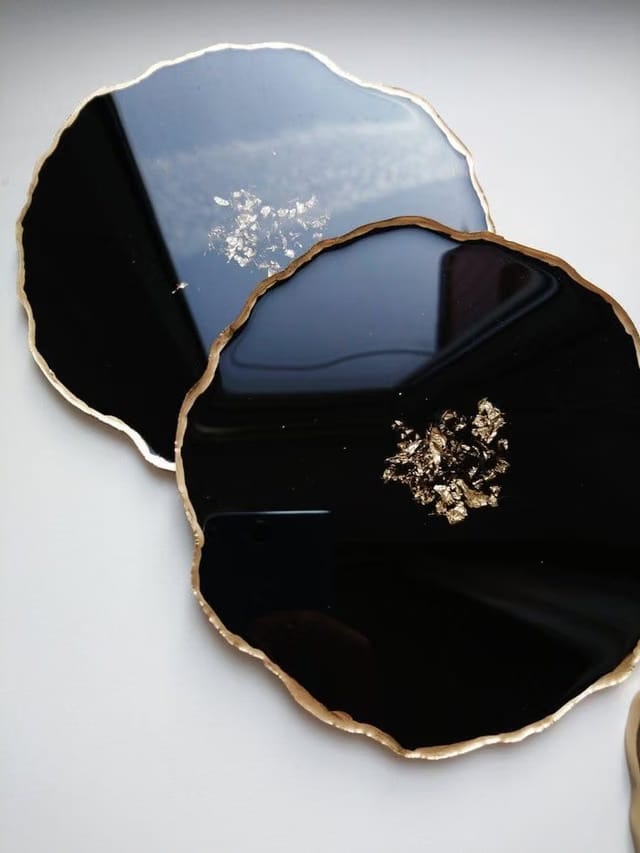 Elegant Resin Coaster Set with Gold Flakes, Black, Handcrafted Decorative Drink Coasters for Home and Office