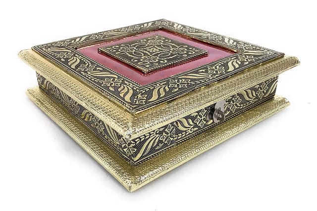 ROXA Decorative Wooden Square Empty Dry Fruit Box (4 Section Box, Rajwadi Meva Oxidized), 20 L x 20 W x 5 H cm