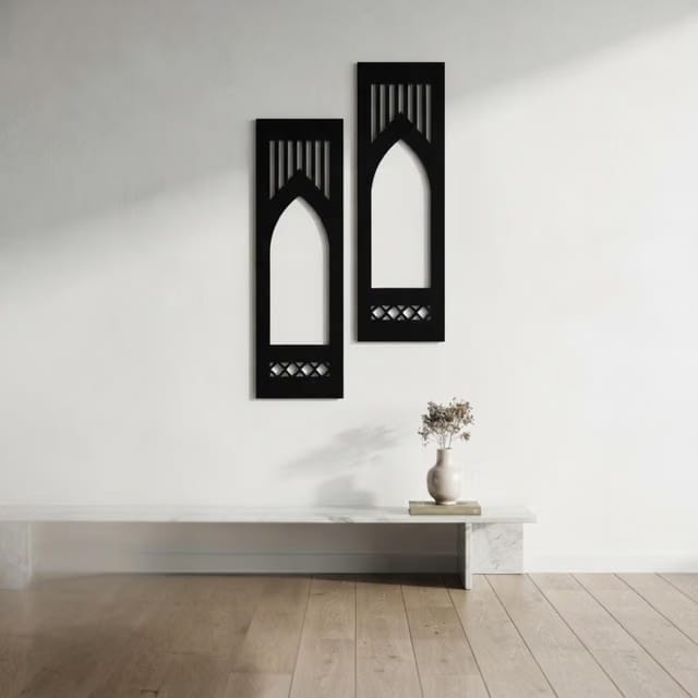Set of 2 Wall Décor Hand Crafted Wooden Wall Mirror Panel or Jharokha for Living Room Bedroom Lobby Modern Wall Panels