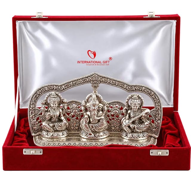 INTERNATIONAL GIFT Silver Plated Laxmi Ganesh Sarswati Idol Statue Oxidized Finish with Red Velvet Box Packing with