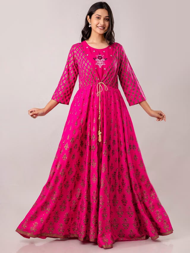 Embroidered Round Neck Thread Work Anarkali Dress
