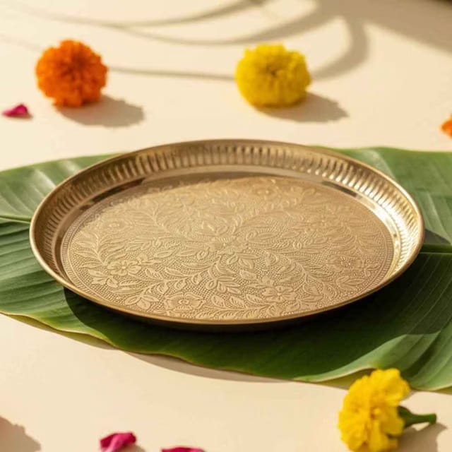Pure Brass Floral Etchings Pooja Thali