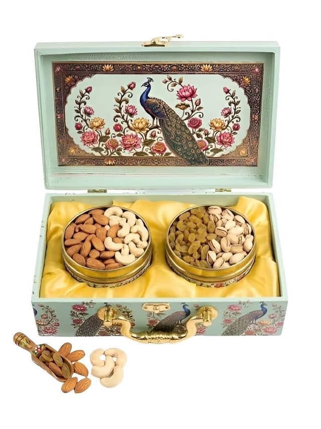 Handcrafted Royal Peacock Wooden Gift Box with 2 Glass Jars-Premium Decorative Box for Diwali, Weddings & Housewarming