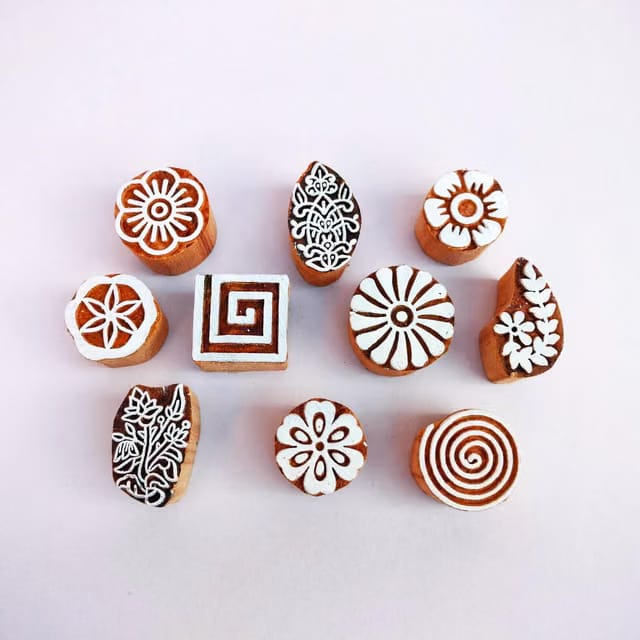 Hand-Carved Set of 10 Wooden Stamp Block Printing Traditional Craft for Fabric & Paper Printing (1.5 Inch)
