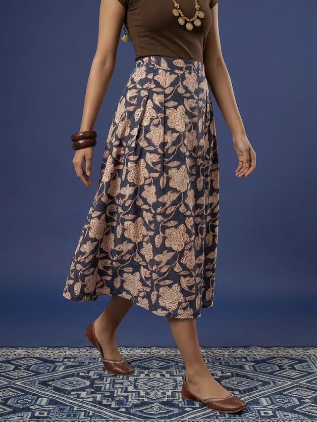 Taavi Women Kalamkari Pure Cotton Floral Midi A-Line Skirt