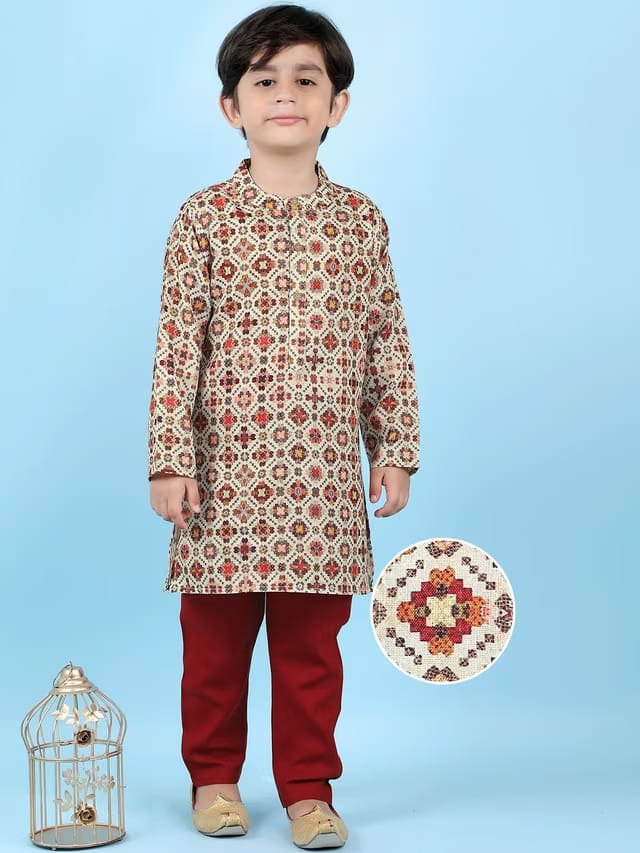 Boys Maroon Printed Cotton Blend A-Line Kurta & Pyjamas