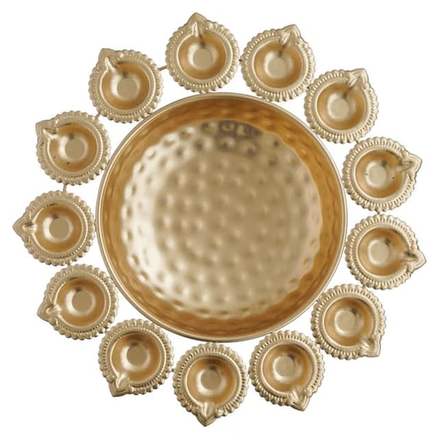 Sanvatsar Present Golden Decorative Metal Diya Plate for Puja,Diwali, Welcome