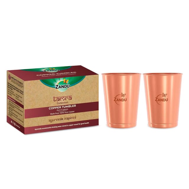 Zandu Copper Tumbler (Pack of 2, 300ml Each): Ayurveda Inspired, 100% Pure Copper, Supports Digestive & Liver Health