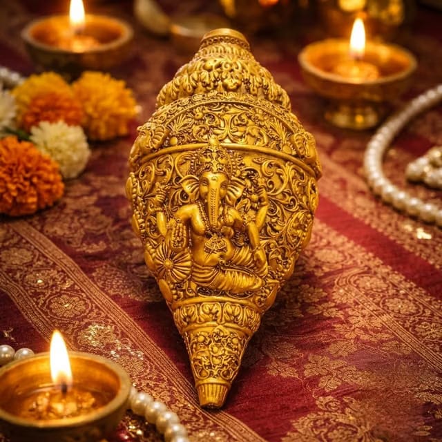 Golden Resin Conch Shell Shankh Idol Decorative Religious Showpiece for Home Temple Pooja Room Vastu Spiritual Gift