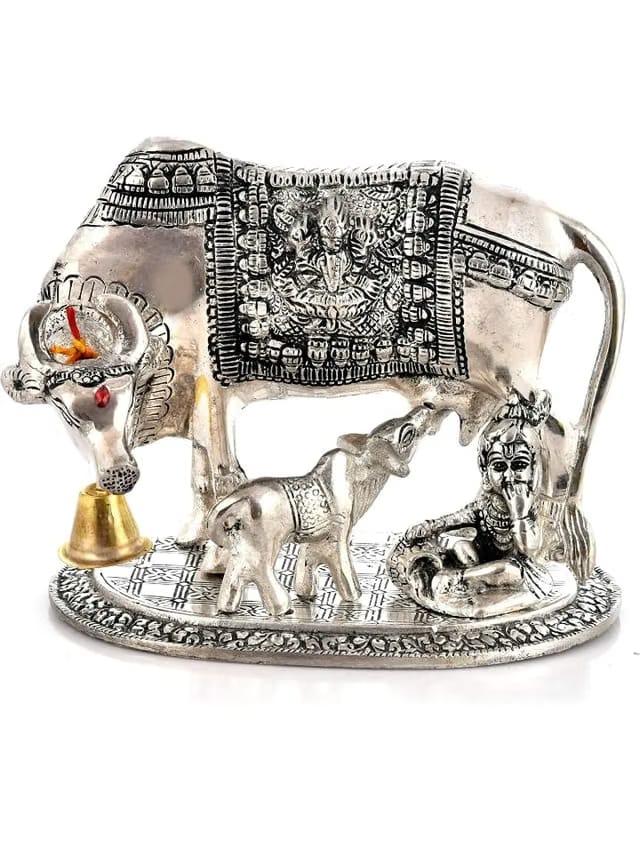 Handcrafted Brass Action Golden Kamdhenu Cow with Calf,Vastu Gau MATA Idol,Spiritual Vastu Nandi Pooja Figurine