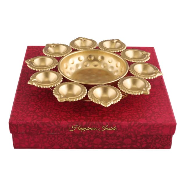 R Ayurveda Copper Metal Decorative Metal Diya Traditional Diya Urli Tealight Holder Golden Bowl for Floating Flowers