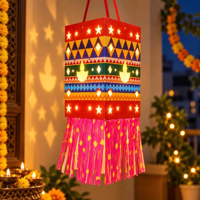 Craft House Traditional Paper Diwali Kandil with Star, Diamond & Diya Cutouts, Colourful Hanging Lantern with Frills