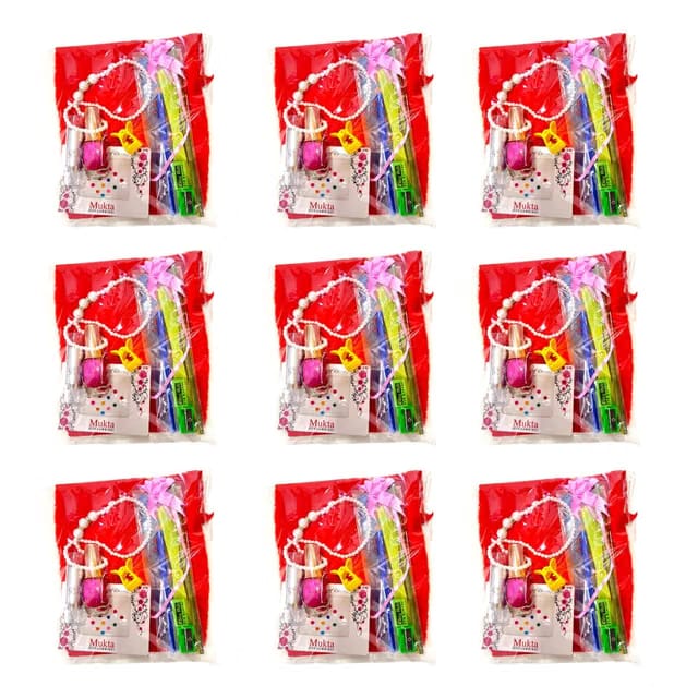 Navratri Shringar Return Gift Set with Napkin/Nailpolish/Lipstick/Pencil/Har/Clip/Bindi/Scale/Eraser/Sharpner/Kanya